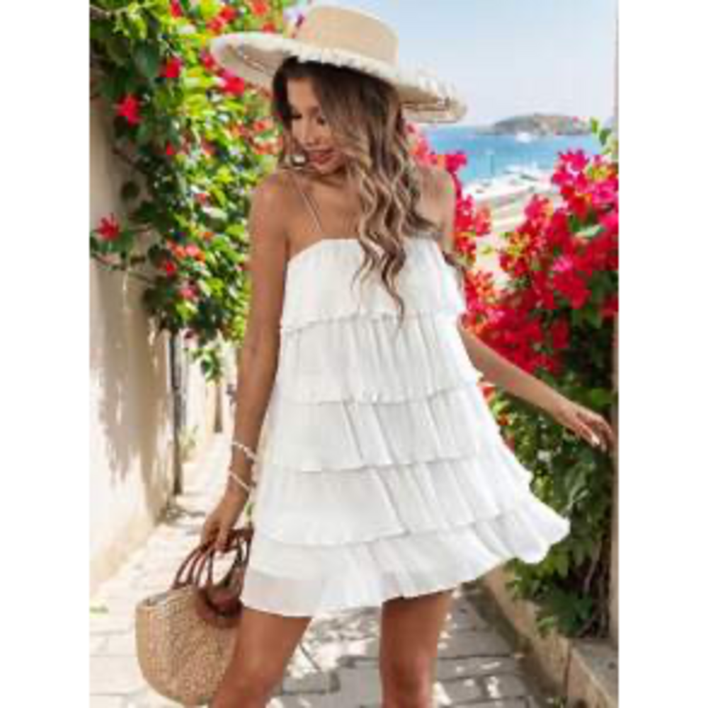 SHEIN Vivid Eden Solid Layer Hem Cami Dress in White - Picture 1 of 2